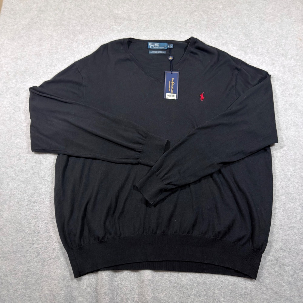Polo Ralph Lauren Sweater Mens XXL Black NEW Pima Cotton V-Neck Red Pony Logo
